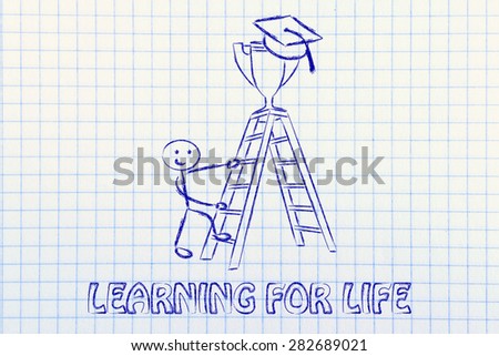 graduation hat and trophy up a ladder, concept of learning for life and school goals