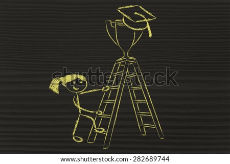 graduation hat and trophy up a ladder, concept of achieving educational and school goals