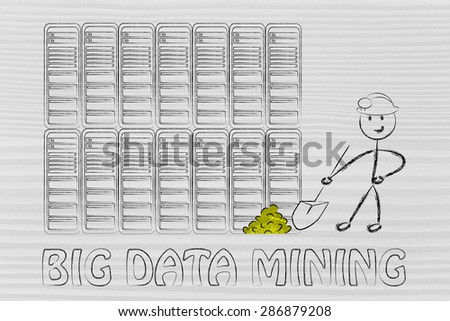 big data mining: metaphor of man extracting gold nuggets in a server room, symbol of valuable data