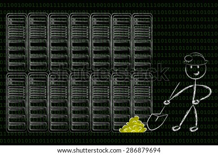 data mining: metaphor of man extracting gold nuggets in a server room, symbol of valuable data