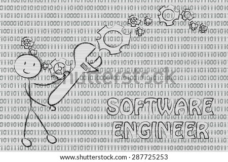 being a software engineer: man fixing binary code with a wrench