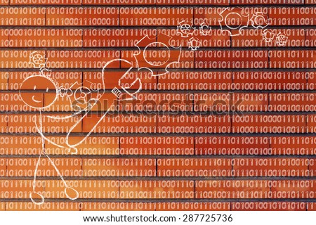 concept of information technology professions: man fixing binary code with a wrench