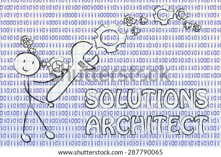 being a solution architect: man fixing binary code with a wrench
