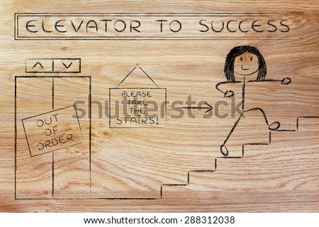 concept of success requiring time and effort: out of order elevator, you gotta take the stairs (woman version)