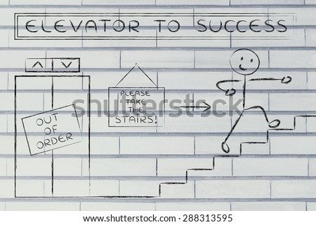 concept of success requiring time and effort: out of order elevator, you gotta take the stairs (man version)