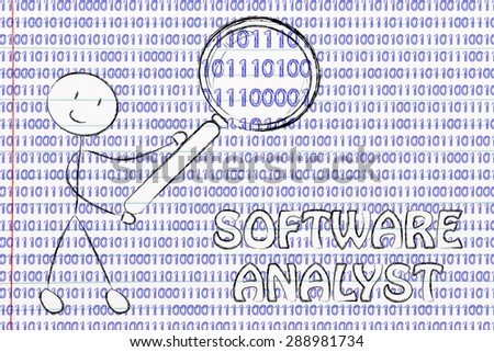 being a software analyst: man checking binary code with a magnifying glass