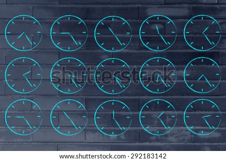 time management and hours passing by: series of clocks showing the hours of the day passing by