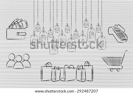 elements of shopping: customers, cart, bags and wallet