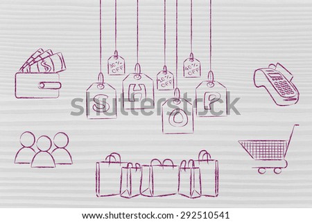 shops & sales: customers, cart, bags and wallet