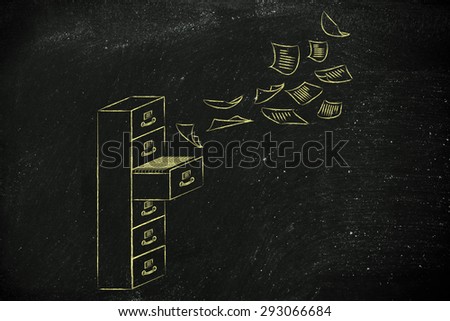 archiving: illustration of a file cabinet with documents flying away or flying into it