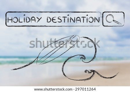 holiday destinations, surfboard and search bar on beach background