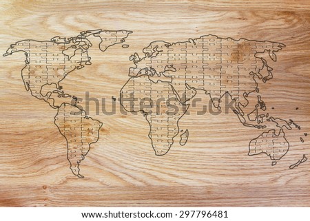 the pieces of a jigsaw puzzle composing the map of the world, concept of globalization
