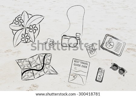 illustration with travel & holidays essential items on sand background