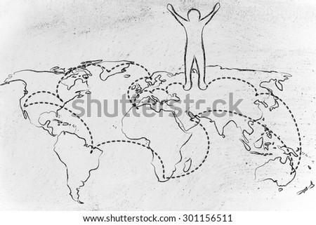 happy man standing on world map with travel itinerary