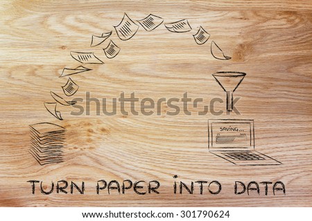pile of sheets being turned into digital data, concept of paperless office