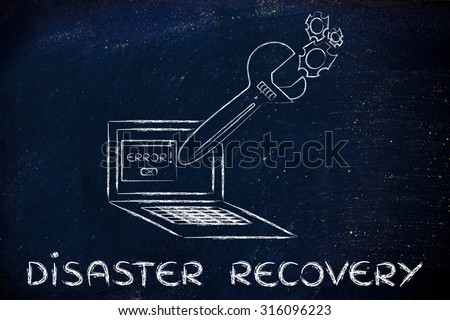 disaster recovery: oversized wrench coming out of laptop screen