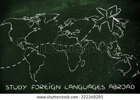 airplane with graduation hat flying above world map, study foreign languages abroad