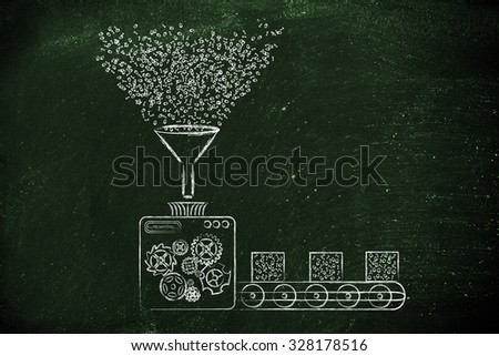 collecting and transforming data: funny illustration with factory machines processing binary code