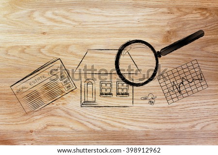 real estate investments and house hunting: magnifying glass analyzing a house, with sector newspaper, stats and keys