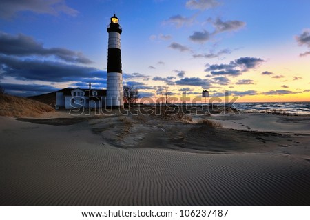 Big Sable Point Lighthouse Sunset, patterns in the sand ,Lake Michigan