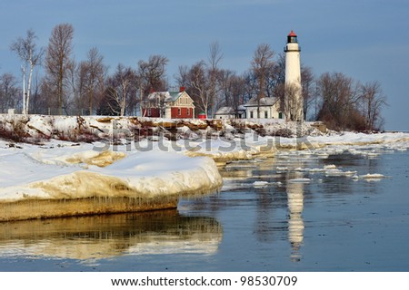 Winter sunrise at Point Aux Barques lighthouse, Port Hope Michigan, USA