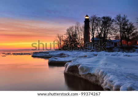 Point Aux Barques Lighthouse - Beautiful Winter Sunrise on Lake Huron  Port Hope, Michigan USA
