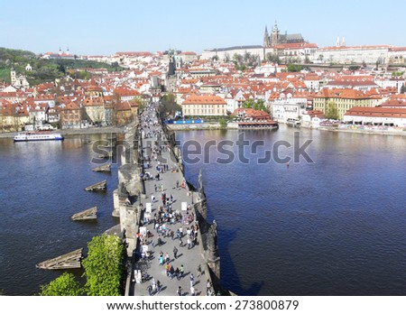 Prague Spring view of the Charles Bridge tower height with clear sunny day