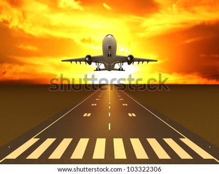 The plane on the runway at sunset