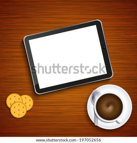 modern business background. Computer tablet with coffee and crackers on wood