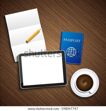 modern business background. Computer tablet with coffee and passport and paper on wood
