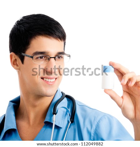 Portrait of happy smiling doctor with medicament, isolated over white background