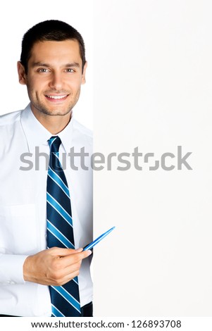 http://image.shutterstock.com/display_pic_with_logo/82755/126893708/stock-photo-happy-smiling-young-business-man-showing-blank-signboard-isolated-over-white-background-126893708.jpg