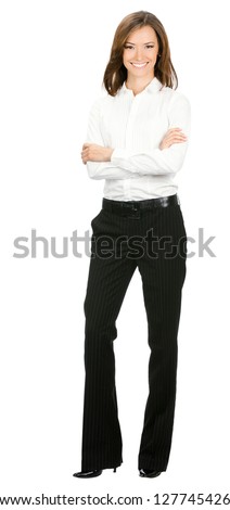 Full body portrait of happy smiling young cheerful business woman, isolated over white background