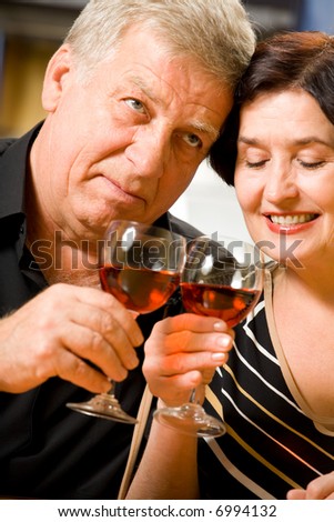 Elderly happy smiling couple celebrating with red wine at home