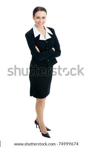 Full-body portrait of smiling businesswoman, isolated on white background