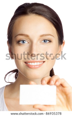 Portrait of smiling business woman giving blank business card, isolated over white background