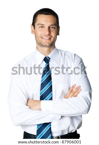 Portrait of happy smiling businessman, isolated on white background