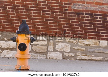 Typical fire hydrant against a brick wall on a city street
