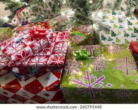 Christmas presents under a tree with a cat in the background