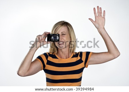 Blond Model Holding A Point And Shoot Camera Stock Photo 39394984