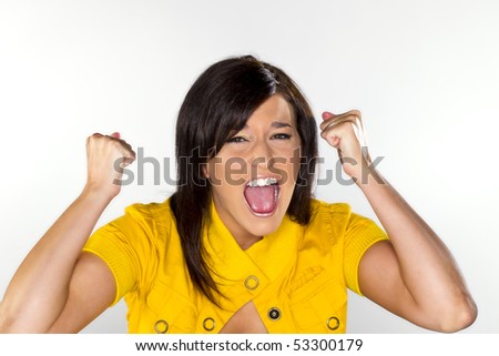A dark haired model screaming, showing emotion