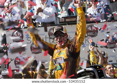 DOVER, DE - May 16:  Kyle Busch wins at the Dover International Speedway for the Autism Speaks 400 presented by Hershey\'s Milk & Milkshakes on May 16, 2010 in Dover, DE