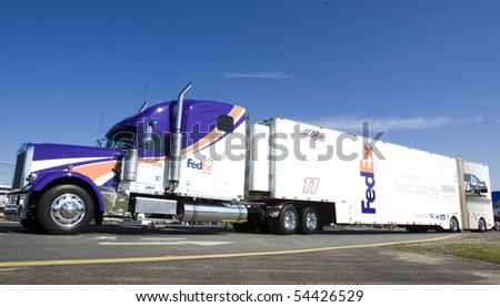 CONCORD, NC - MAY 27:  The FedEx hauler pulls in to the track for the Coca-Cola 600 Race at the Charlotte Motor Speedway in Concord, NC on May 27, 2010