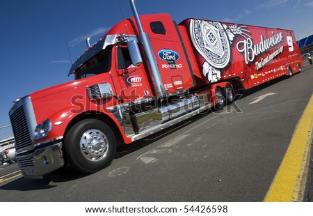 CONCORD, NC - MAY 27:  The Budweiser hauler pulls in to the track for the Coca-Cola 600 Race at the Charlotte Motor Speedway in Concord, NC on May 27, 2010