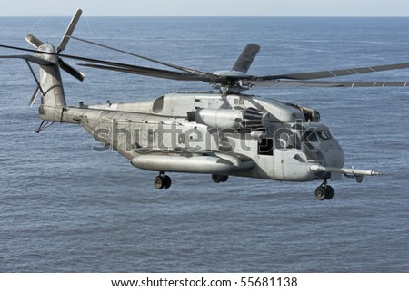 San Diego, CA - FEB 28:  A US Marine Corps CH-53E Sea Stallion Helicopter departs the USS Peleliu as they begin workup manuevers to the Persion Gulf near San Diego, CA on Feb 28, 2010.