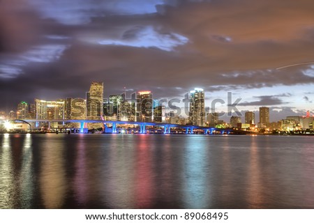 Twilight glow on skyline of Miami along Biscayne Bay on cloudless, calm evening.
