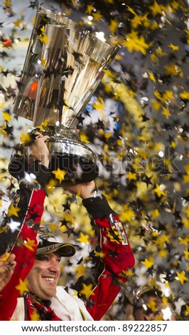 HOMESTEAD, FLORIDA - NOV. 20:  Tony Stewart (14) wins the Ford 400 race and the 2011 Sprint Cup Championship at the Homestead Miami Speedway in Homestead, FL on Nov 20, 2011
