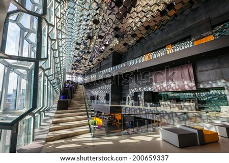 REYKJAVIK, ICELAND - AUGUST 31, 2013: Interior of Harpa concert hall, Reykjavik, Iceland. Harpa was opened on May 13, 2011. It was selected as Best Performance Venue 2011 by Travel & Leisure magazine