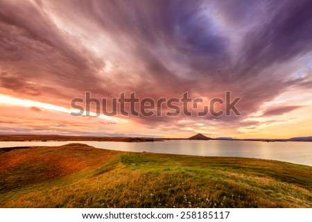 Scenic sunset at Lake Myvatn in Northern Iceland
