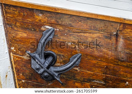 Closeup image of an anchor of a large sailing boat